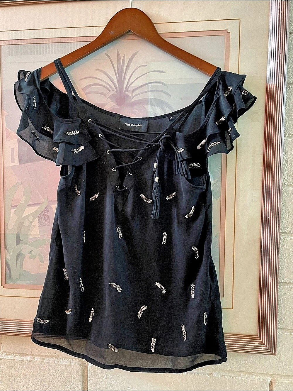 The Kooples Cold Shoulder Beaded Chiffon Top Black XS